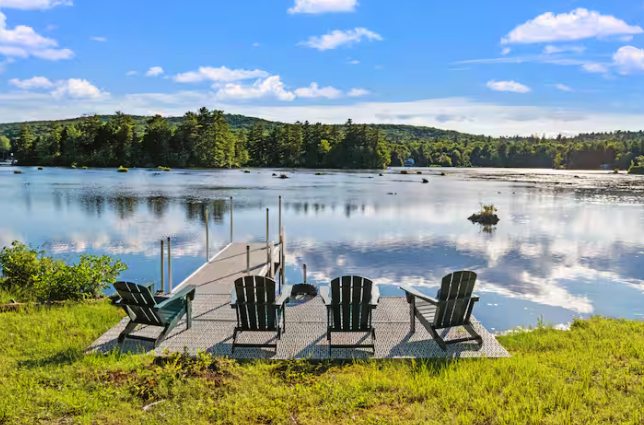 Highland Lake dock with Adirondack chairs